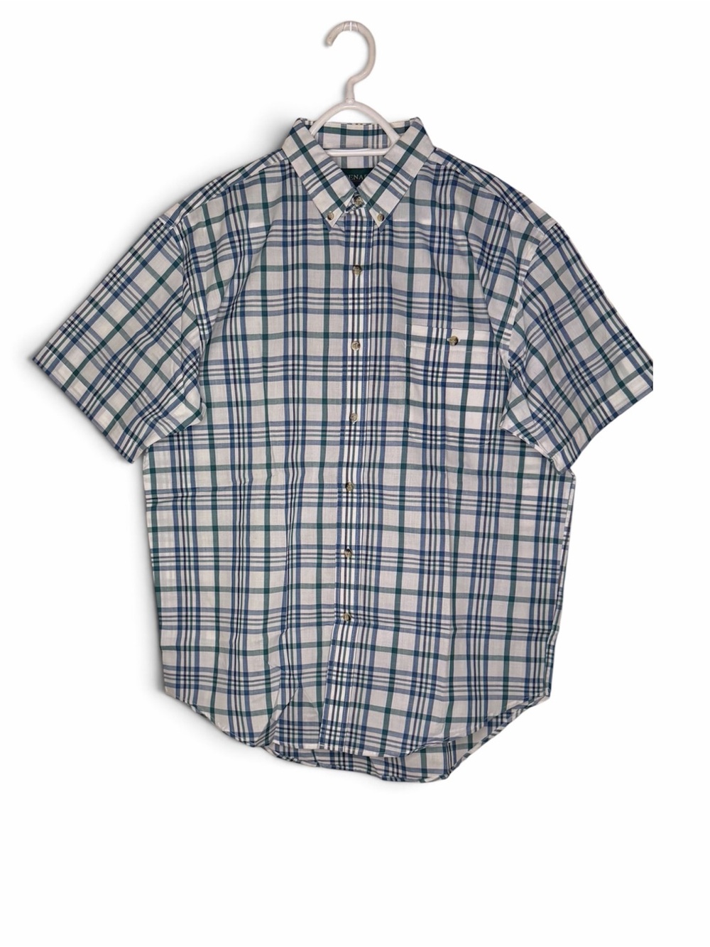 Men's Short-Sleeve Button-Down Plaid Shirt - Blue/Green size Medium